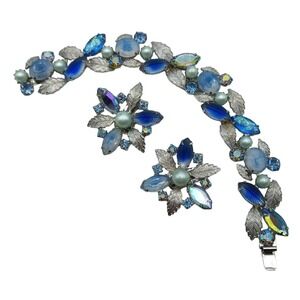 Vintage Kramer of NY Rhinestone Bracelet Earring Jewelry Set Blue Art Glass